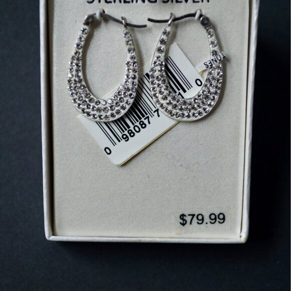 Sterling Silver .925 Polished Oval Hoop Clear Precioza Stones Earrings New - Picture 3 of 3